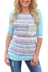 Sexy Light Blue Raglan Sleeve Lace Pocket Detail Printed Top